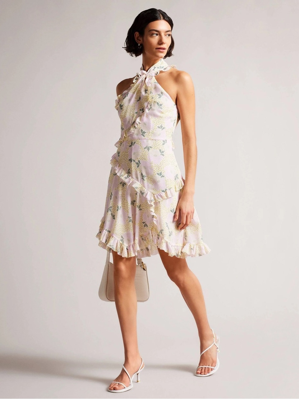 NWT Ted Baker Sutton tie neck frill detail floral mini dress